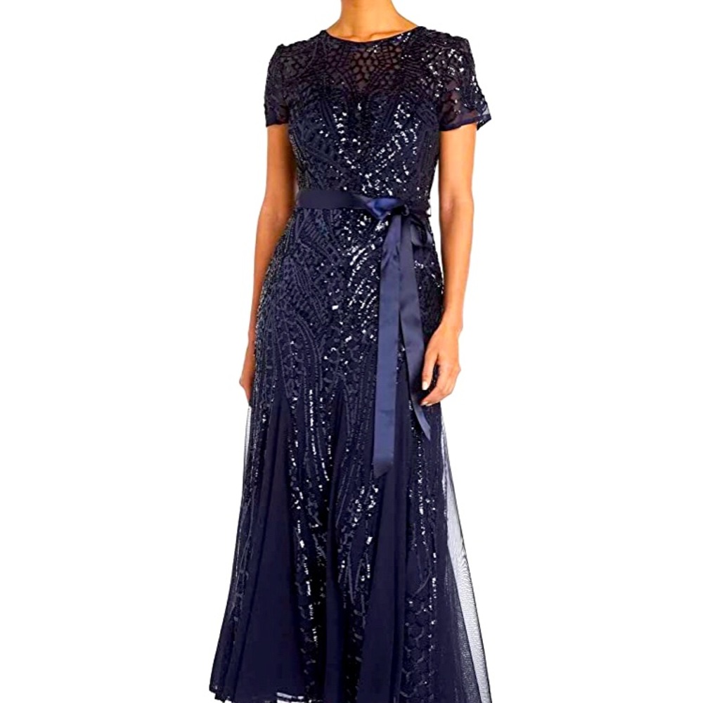 NWT formal gown with bodice and flowing hemline in navy